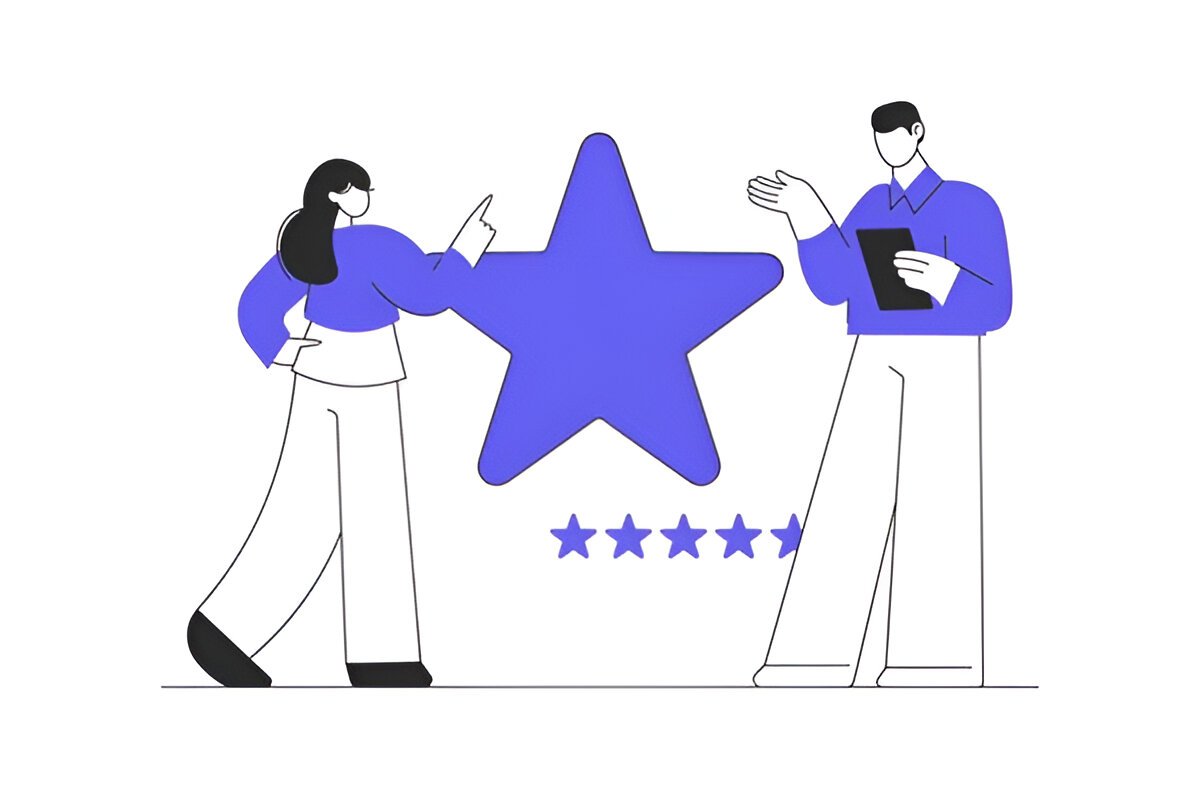 Illustration of two people with a star rating symbol representing customer success and support