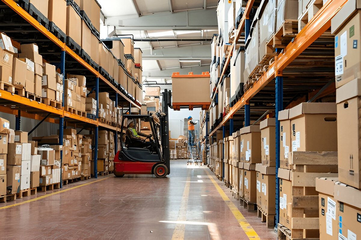 Warehouse interior with shelves filled with cardboard boxes and a forklift moving between them.