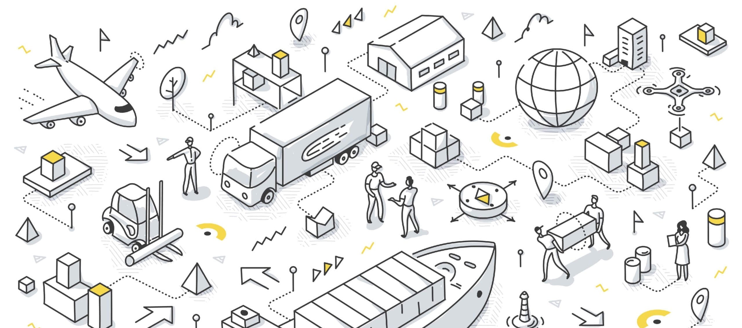 Illustration of various transportation modes and logistics symbols on a white background
