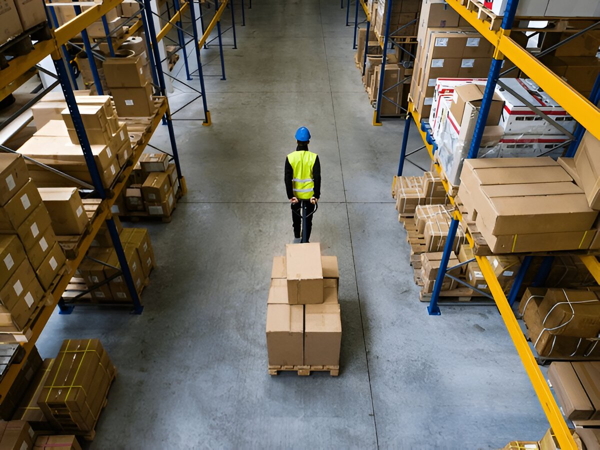 Worker in a warehouse with boxes and shelves